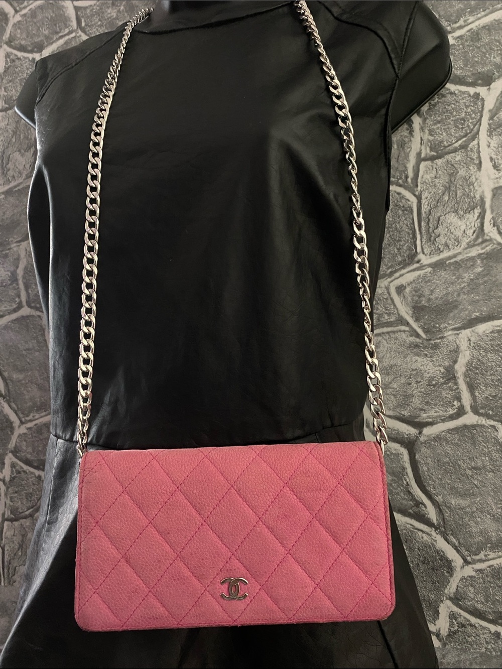 Authentic Chanel Pink Quilted Caviar Leather Flap L Yen Long Wallet